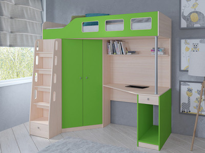 Кровать чердак Астра 7 Дуб молочный/Салатовый