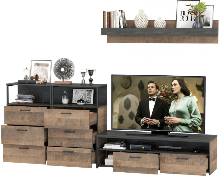 Трувор 13.70 Тумба под ТВ + 13.307.02 Комод + 13.307.02Комод + 15.60 Полка, дуб гранж песочный/интра