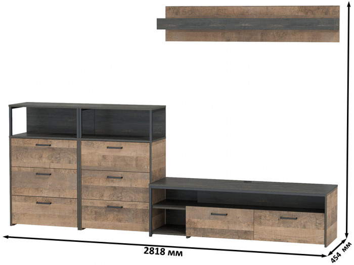 Трувор 13.70 Тумба под ТВ + 13.307.02 Комод + 13.307.02Комод + 15.60 Полка, дуб гранж песочный/интра