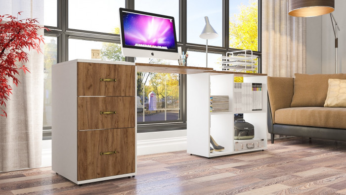 Лидер-8 Стол + Тумба МД 3.16, белый шагрень/крафт золото