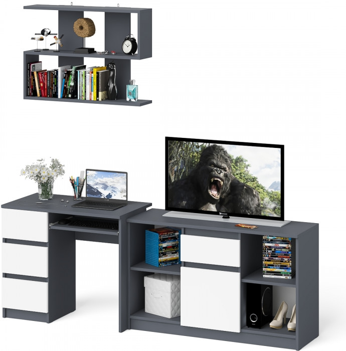 Мори компьютерный стол МС-6 левый + Тумба МТВ1204.1 + Полка 900, графит/белый