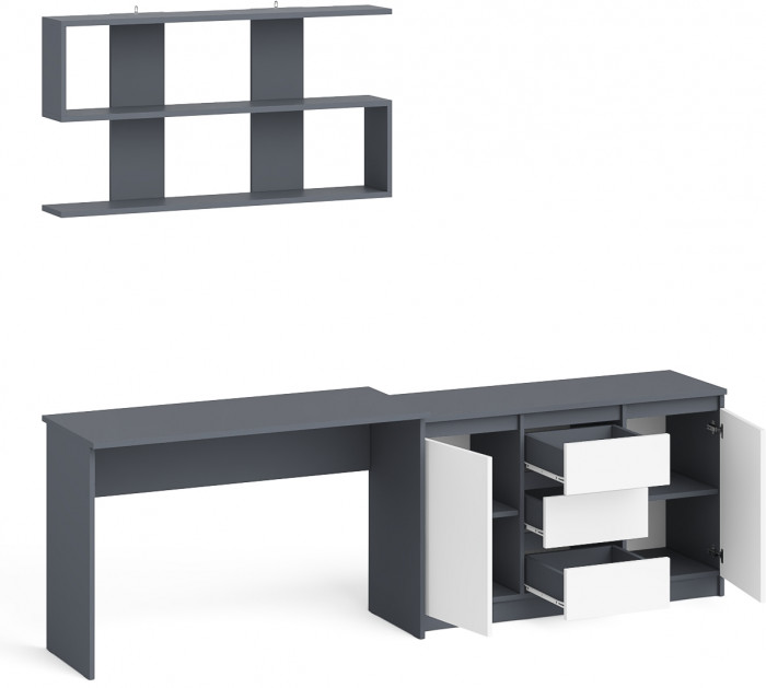 Мори Стол письменный МСП1200.1 + Комод МК1200.3 + Полка 1200, цвет графит/белый, ШхГхВ 240,8х50х209,6 см., универсальная сборка
