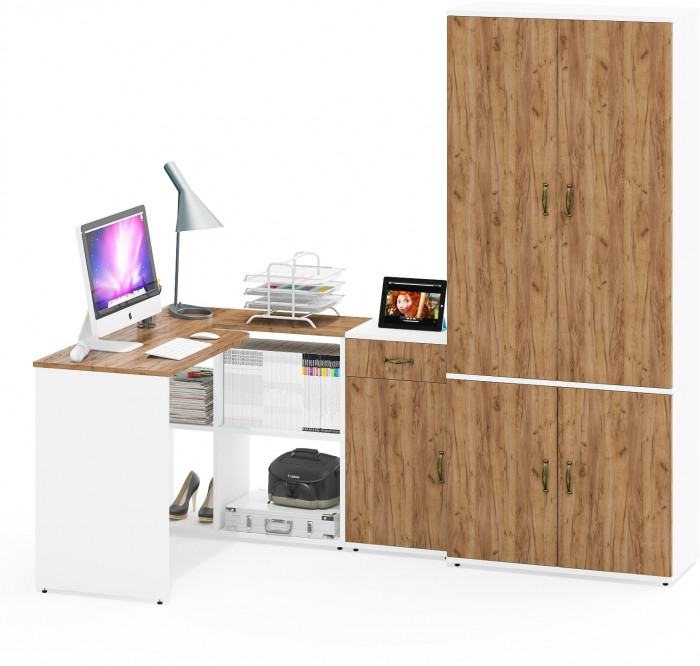 Лидер-8 Стол + Тумба МД 3.15 + Шкаф МД 20Б, белый шагрень/крафт золото