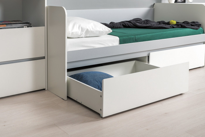 Торонто 11.39 Кровать + 16.475 Полка, цвет белый шагрень/стальной серый, ШхГхВ 194х84,4х150 см., сп. м. 800х1900 мм., б/м, основание есть