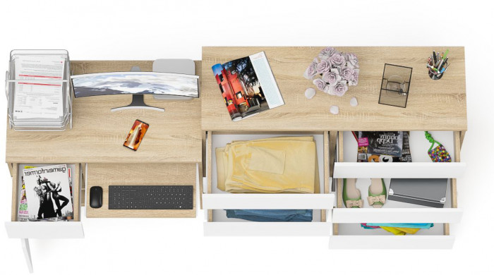 Мори Стол компьютерный МС-1 левый + Комод МК1200.8, цвет дуб сонома/белый, ШхГхВ 210,4х50х94 см., выдвижной ящик слева, НЕ универсальная сборка