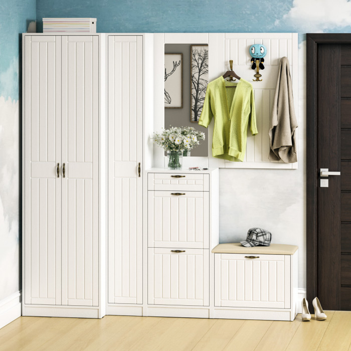 Прихожая П-6-350 Пенал, белая шагрень/фасады МДФ белое дерево фрезеровка прованс