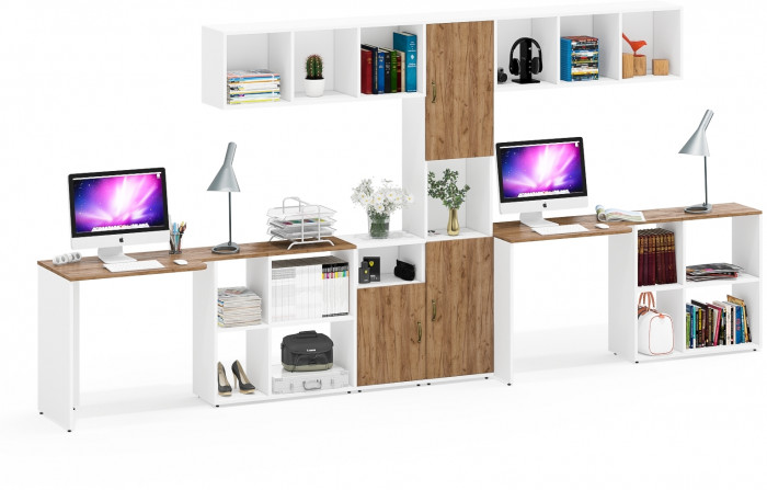 Лидер-8 Стол + Полка + Стол + Полка + Пенал + Тумба МД 3.19, белый шагрень/крафт золото