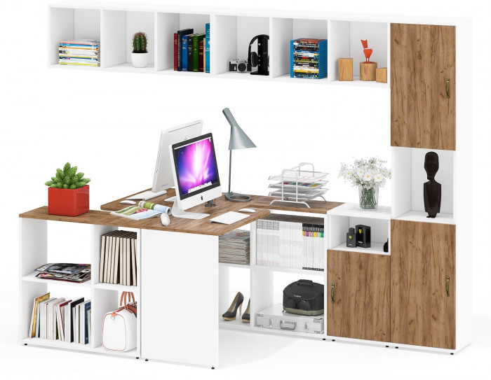 Лидер-8 Стол + Полка + Стол + Полка + Пенал + Тумба МД 3.19, белый шагрень/крафт золото