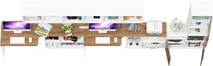 Лидер-8 Стол + Полка + Стол + Полка + Пенал + Тумба МД 3.19, белый шагрень/крафт золото