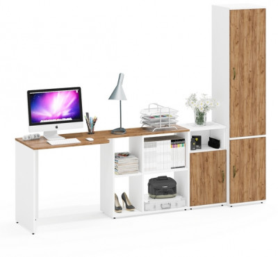 Лидер-8 Стол + Тумба МД 3.19 + Пенал МД 21Б, белый шагрень/крафт золото