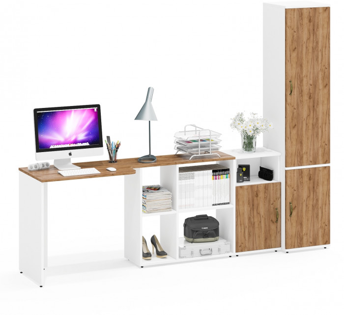 Лидер-8 Стол + Тумба МД 3.19 + Пенал МД 21Б, белый шагрень/крафт золото