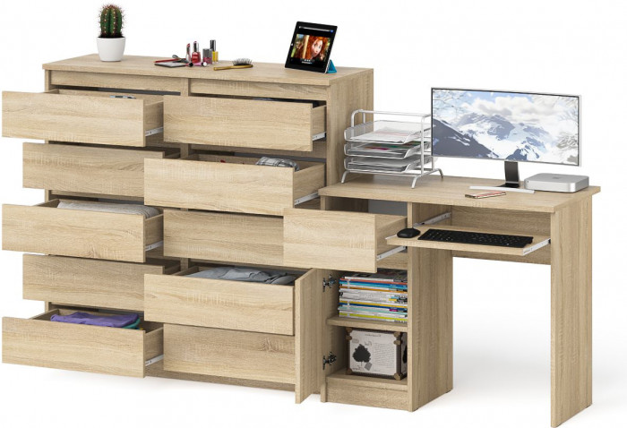 Мори компьютерный стол МС-1 левый + Комод МК1200.10, дуб сонома