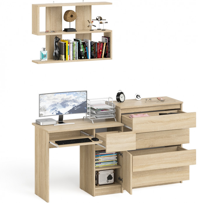 Мори компьютерный стол МС-1 правый + Комод МК800.4 + Полка 900, дуб сонома