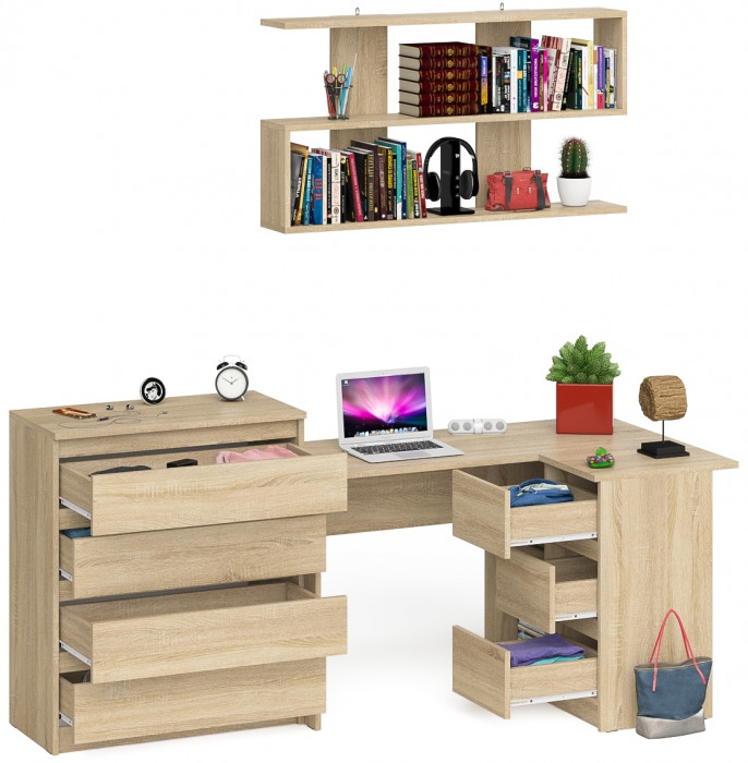 Мори компьютерный стол МС-16 правый + Комод МК800.4 + Полка 1200, дуб сонома