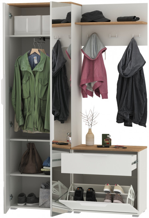 Октава Прихожая 10, цвет белый шагрень/дуб крафт золотой/фасады МДФ белый шагрень, ШхГхВ 129,3х35,4х197,6 см., универсальная сборка