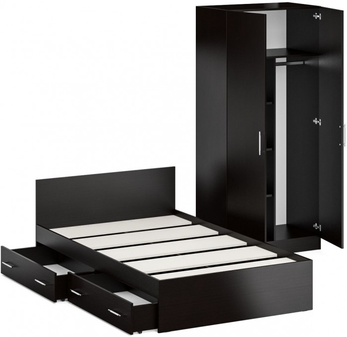 Кровать с ящиками 1200 + Шкаф 2-х створчатый Стандарт, цвет венге, ШхГхВ 123,5х203,5х70 + 90х52х200 см., сп.м. 1200х2000 мм., б/м, основание есть