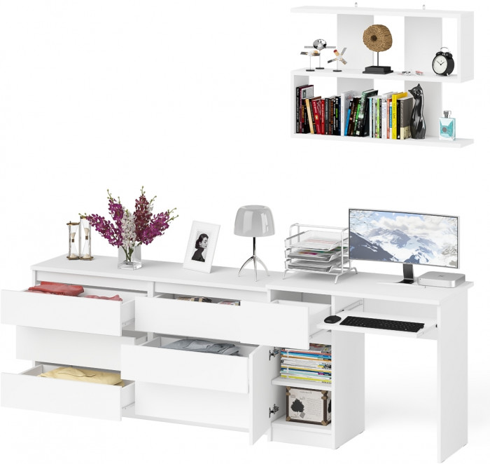 Мори Стол компьютерный МС-1 левый + Комод МК1380.6 + Полка 900, цвет белый, ШхГхВ 228х50х209,6 см., НЕ универсальная сборка