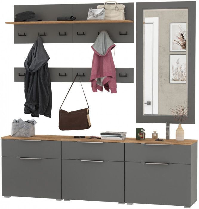 Октава Прихожая 41, цвет серый графит/дуб крафт золотой/фасады МДФ серый графит, ШхГхВ 194,7х35,4х197 см., универсальная сборка