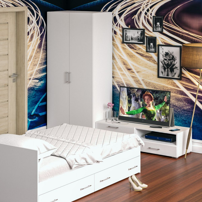 Спальня Стандарт 3-1200Я, белый/фасады ТВ тумбы МДФ белый глянец
