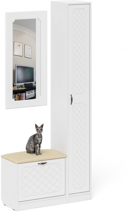 Прихожая П-6 Компоновка № 20, цвет белая шагрень/фасады МДФ белое дерево фрезеровка ромб, ШхГхВ 90х35х210 см., универсальная сборка