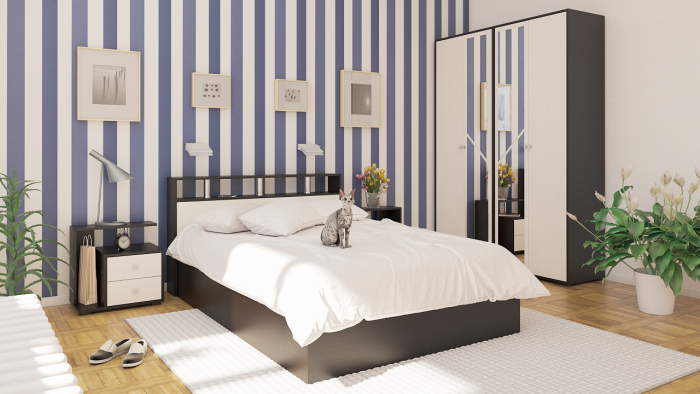 Камелия спальня № 1 Кровать 1400 + Две тумбы + Шкаф 4-х створчатый, венге/дуб лоредо