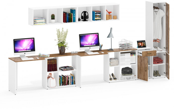 Лидер-8 Стол + Полка + Стол + Полка + Пенал МД 21Б + Тумба МД 3.15, белый шагрень/крафт золото