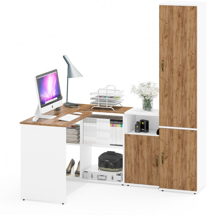 Лидер-8 Стол + Тумба МД 3.19 + Пенал МД 22Б, белый шагрень/крафт золото