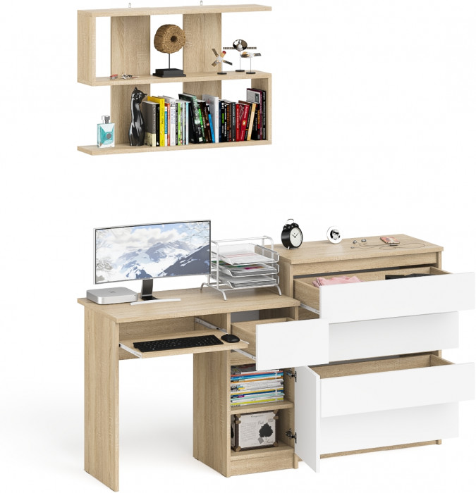 Мори компьютерный стол МС-1 правый + Комод МК800.4 + Полка 900, дуб сонома/белый