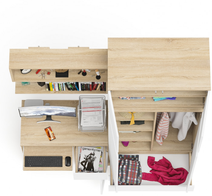 Мори компьютерный стол МС-1 правый + Шкаф МШ900.1 + Антресоль МА900.1 + Полка 900, дуб сонома/белый