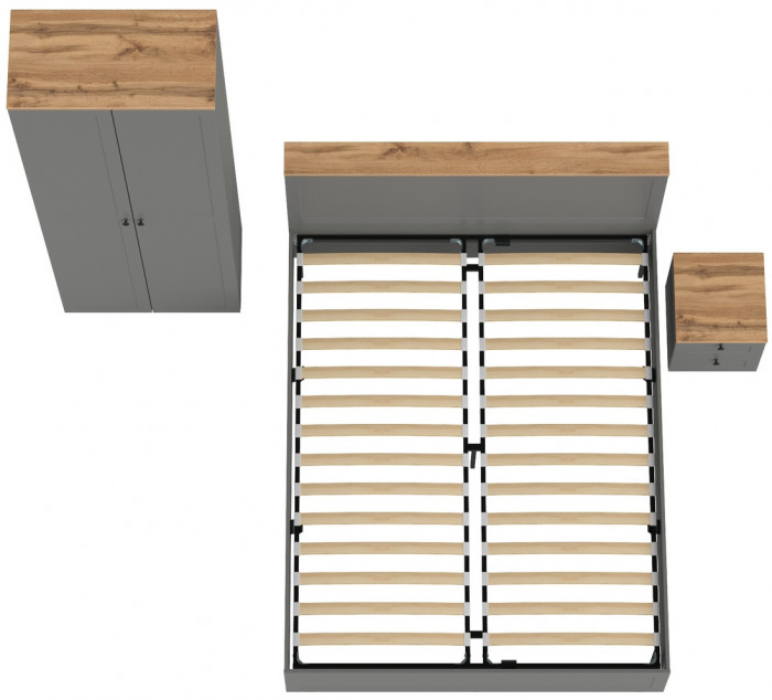 Остин 11.53 Кровать + ортопед + 16.307 Шкаф + 16.152 Тумба прикроватная, серый графит/дуб крафт золотой