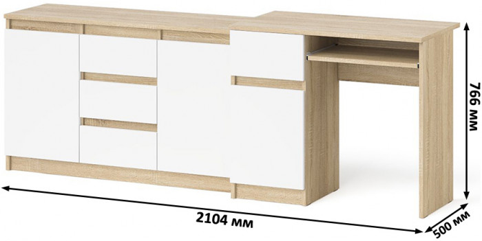 Мори Стол компьютерный МС-1 левый + Комод МК1200.3, цвет дуб сонома/белый, ШхГхВ 210,4х50х76,6 см., выдвижной ящик слева, НЕ универсальная сборка