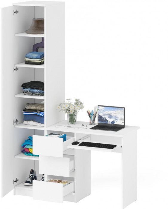 Мори Стол компьютерный МС-6 левый + Пенал МШ400.1, цвет белый, ШхГхВ 130,4х50,4х209,6 см., выдвижные ящики слева, НЕ универсальная сборка