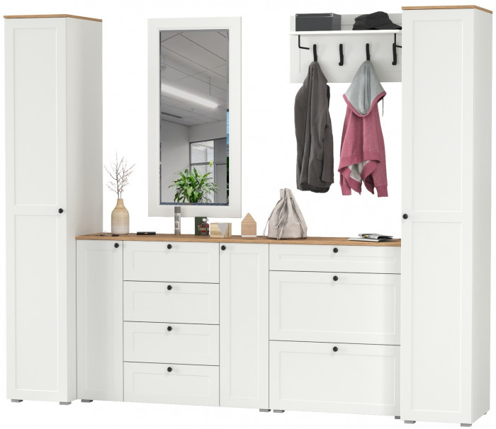 Остин Прихожая 58, цвет белый шагрень/дуб крафт золотой, ШхГхВ 280х54,3х229,6 см., универсальная сборка