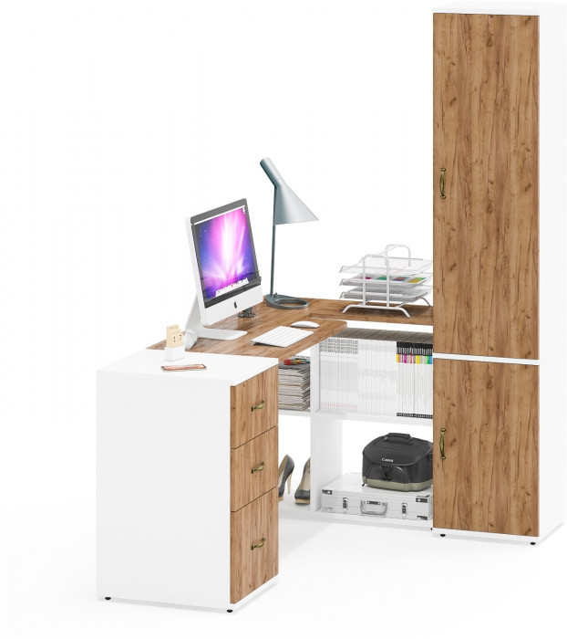 Лидер-8 Стол + Тумба МД 3.16 + Пенал МД 21Б, белый шагрень/крафт золото