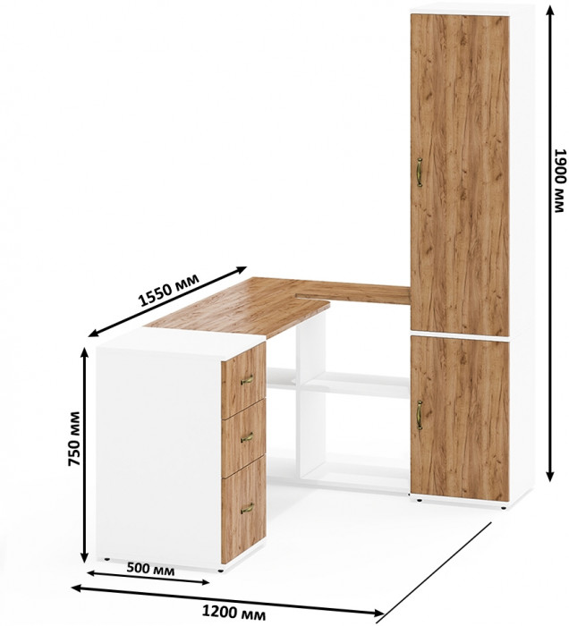 Лидер-8 Стол + Тумба МД 3.16 + Пенал МД 21Б, белый шагрень/крафт золото