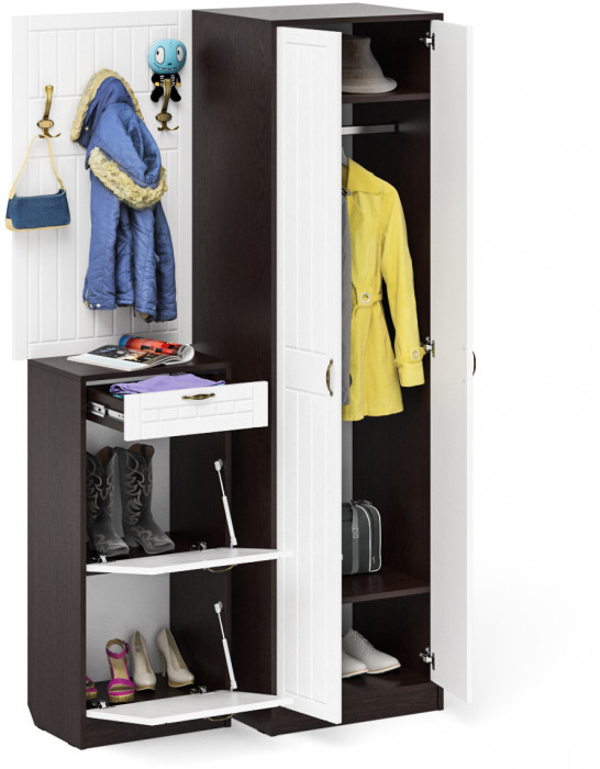 Прихожая П-6 Компоновка № 18, венге/фасады МДФ белое дерево фрезеровка прованс