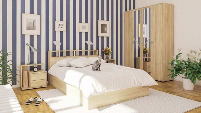 Камелия спальня № 1 Кровать 1400 + Две тумбы + Шкаф 4-х створчатый, дуб сонома