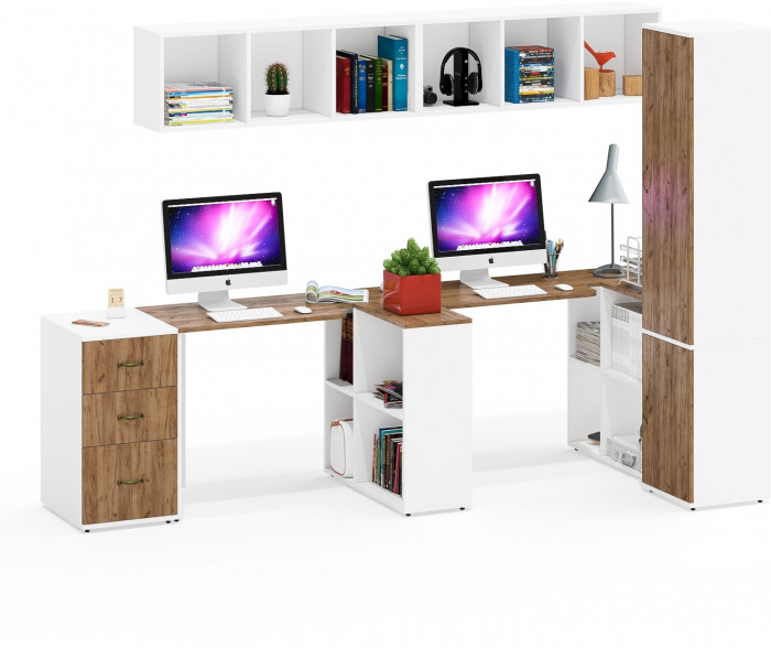 Лидер-8 Стол + Полка + Стол + Полка + Пенал МД 21Б + Тумба МД 3.16, белый шагрень/крафт золото