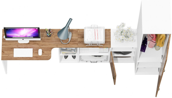 Лидер-8 Стол + Тумба МД 3.19 + Пенал МД 23Б, белый шагрень/крафт золото