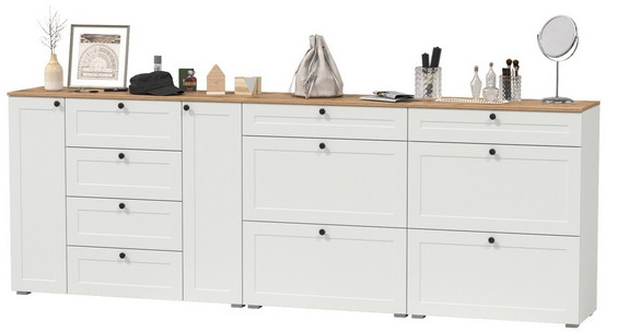 Остин 16.221 Комод + 16.121 Тумба для обуви + 16.121 Тумба для обуви, цвет белый шагрень/дуб крафт золотой, ШхГхВ 280х41,9х99,3 см., ун. сборка