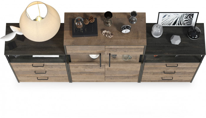 Трувор 13.306 Комод с витриной + 13.307.02 Комод с ящиками + 13.307.02 Комод с ящ., цвет дуб гранж песочный/интра, ШхГхВ 217,8х37х135,3 см., ун. сб.