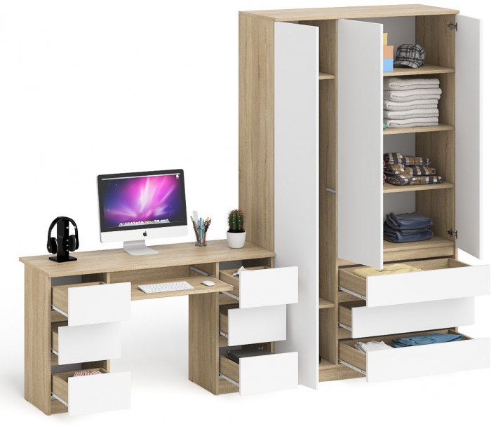 Мори компьютерный стол МС-2 + Шкаф МШ1200.1, дуб сонома/белый