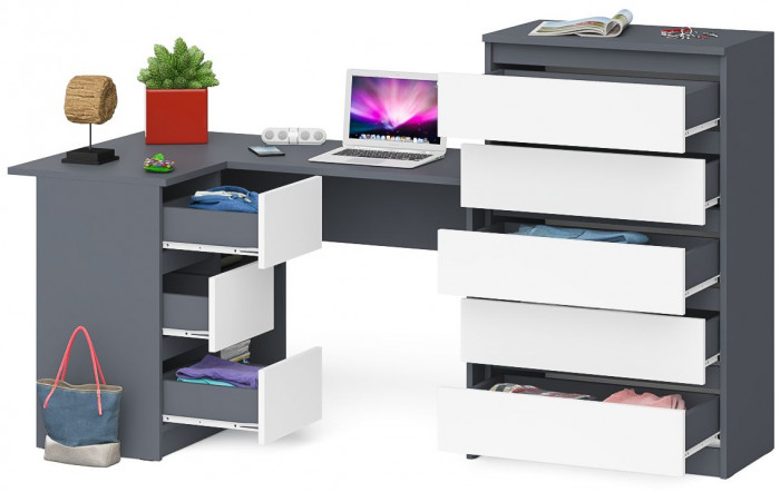 Мори Стол компьютерный МС-16 левый + Комод МК700.5, цвет графит/белый, ШхГхВ 194,8х84,9х114 см., выдвижные ящики слева, НЕ универсальная сборка