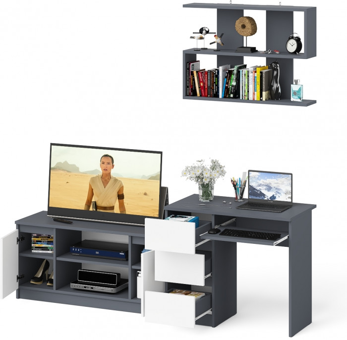 Мори Стол компьютерный МС-6 левый + Тумба МТВ1200.1 + Полка 900, цвет графит/белый, ШхГхВ 210,4х50х209,6 см., НЕ универсальная сборка