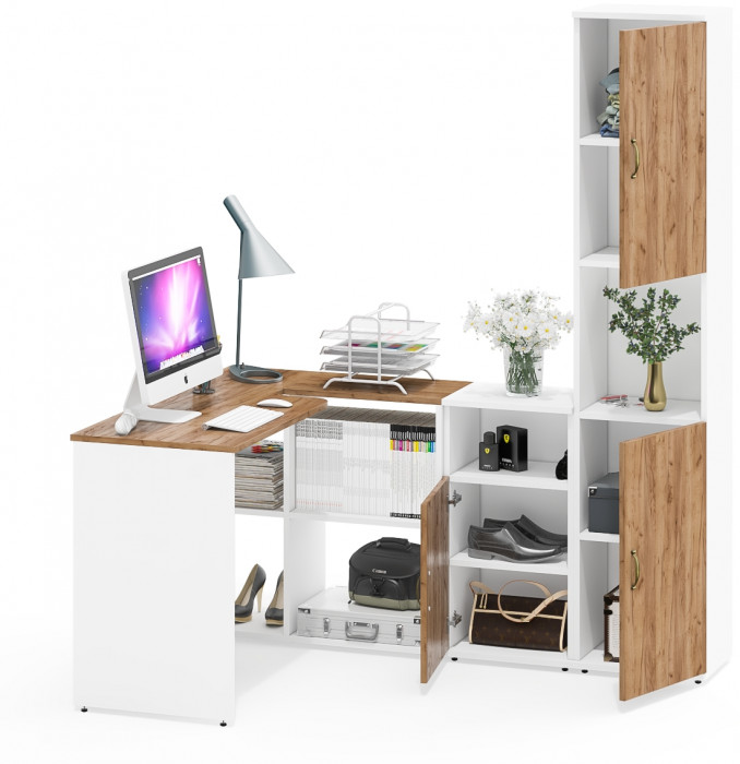 Лидер-8 Стол + Тумба МД 3.19 + Пенал, белый шагрень/крафт золото