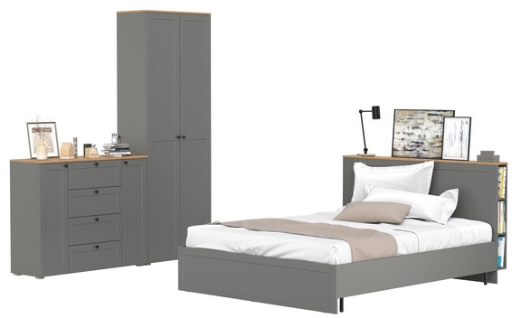 Остин 11.53 Кровать + ортопед + 16.307 Шкаф + 16.221 Комод, серый графит/дуб крафт золотой