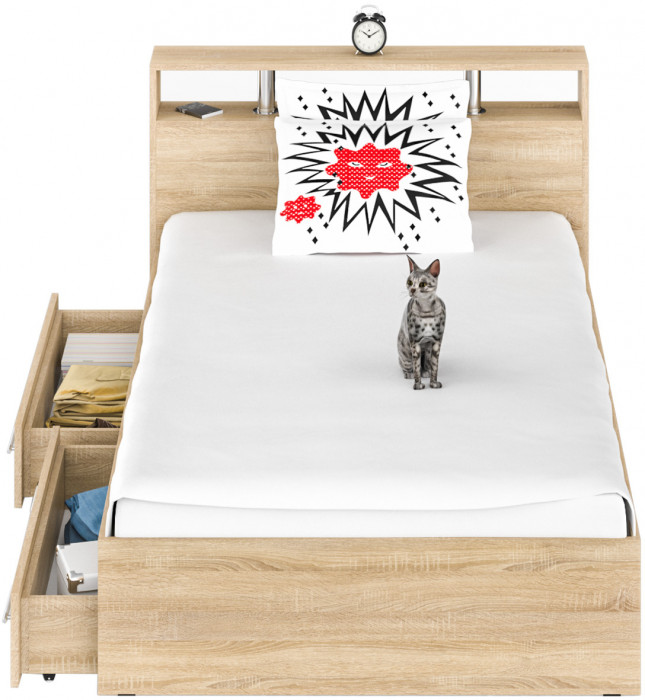 Камелия Кровать с ящиками 1200, цвет дуб сонома, ШхГхВ 123,5х217х78,2 см., сп.м. 1200х2000 мм., без матраса, основание есть