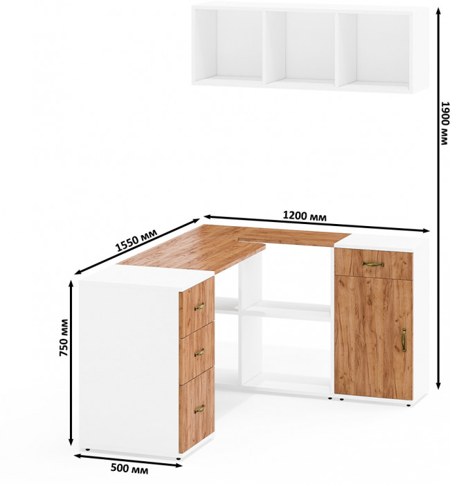 Лидер-8 Стол + Полка + Тумба МД 3.15 + Тумба МД 3.16, цвет белый шагрень/крафт золото, ШхГхВ 245х50/30х75/190 или 155х120/50х75/190 с, НЕ универс. сб.