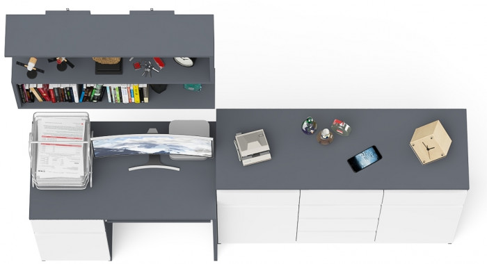 Мори Стол компьютерный МС-1 левый + Комод МК1200.4 + Полка 900, цвет графит/белый, ШхГхВ 210,4х50х209,6 см., НЕ универсальная сборка