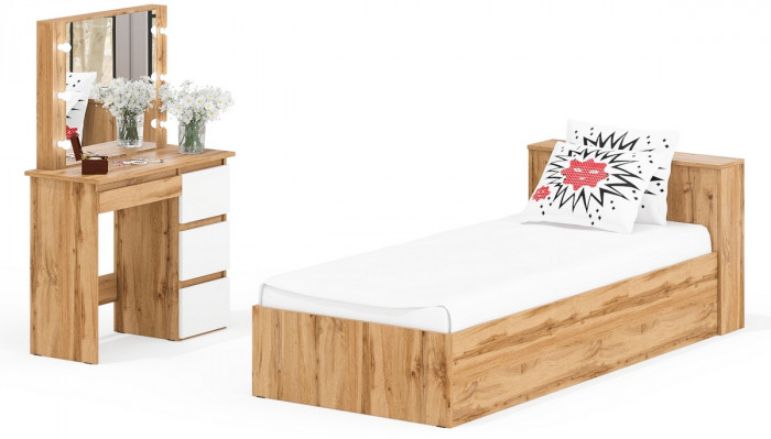 Ксения Кровать с ящиками 0900 + Стол косметический с подсветкой Сура, дуб вотан/белый